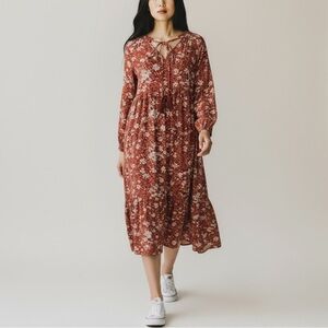 Umgee Floral Tiered Maxi Dress Rust Tie Neck Long Sleeve Boho Cottage Rustic M